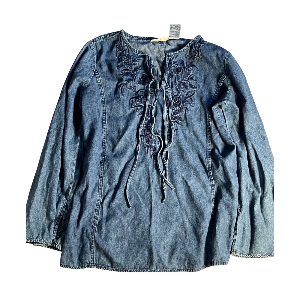 Faded Glory Womens Denim Embroidered Tunic Blouse Boho Lace Up Blue Size Medium - Picture 4 of 7